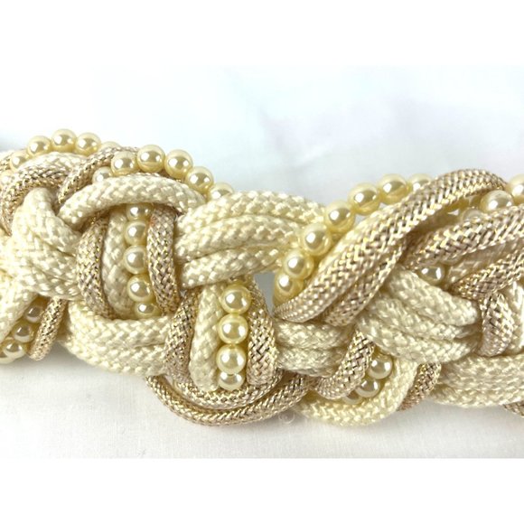 Vintage Cream and Gold Metalic Braided Rope with Faux Pearls Belt, 40" - Picture 3 of 6
